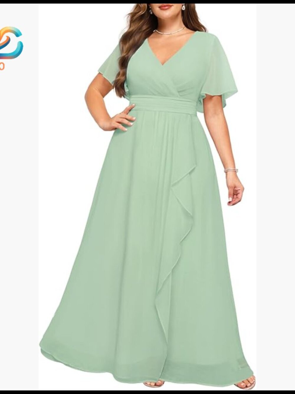 Plus Size Formal Chiffon V-Neck Ruffle Long Dress Wedding Guest